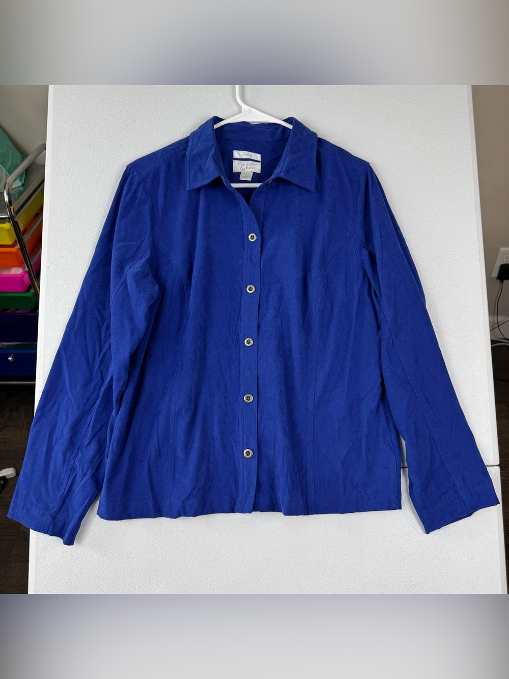 Christopher Banks Button Down Top Womens L Large Solid Blue Long Sleeve Stretch